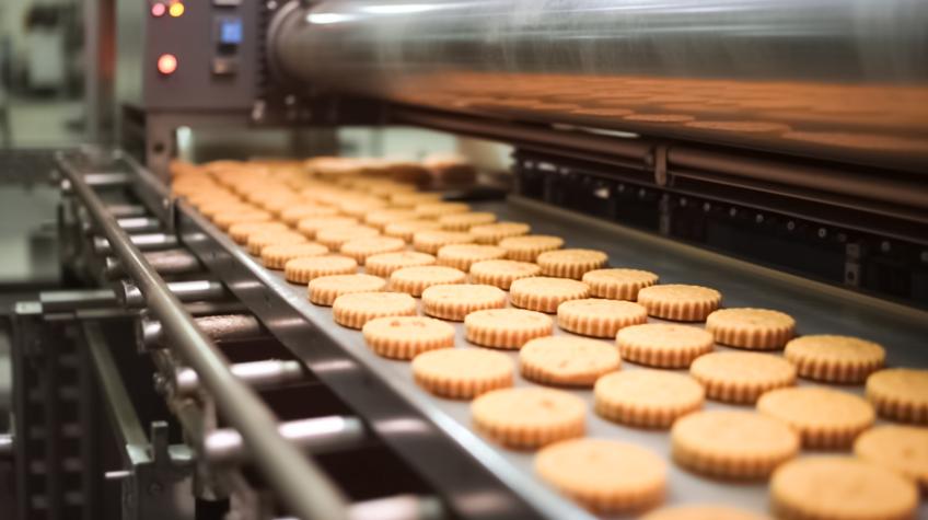 Factory conveyor belt with biscuits on it. 