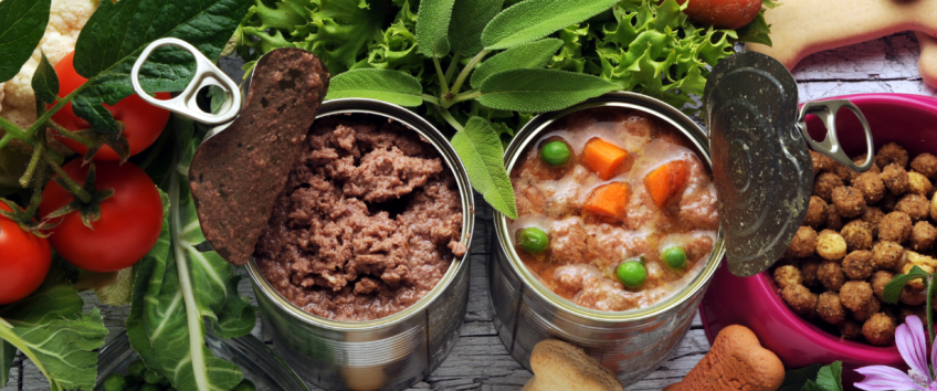 Two tins of gourmet pet food with the lids open exposing the contents.