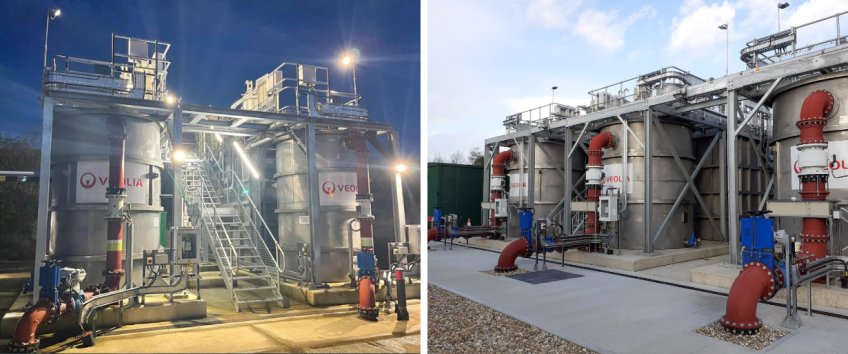 Two photos of wastewater treatment technologies with Veolia branding