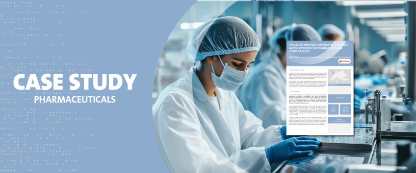 Pharmaceutical case study image showing laboratory workers in protective gear (white coats, masks, gloves) in a sterile manufacturing facility. Features 'CASE STUDY PHARMACEUTICALS' text on blue background with an overlaid Veolia document about purified water systems for pharmaceutical facilities.